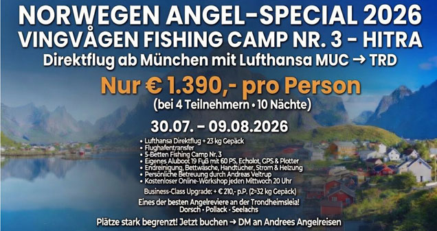 Norwegen Angel-Special 2026 - Vingvagen Fishing Camp Nr. 3 - Hitra - jetzt buchen Norwegen Angel-Special 2026 - Vingvagen Fishing Camp Nr. 3 - Hitra - jetzt buchen